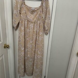 Gilli Cream Tan Sundress with Sweetheart Neckline and Bishop Sleeves